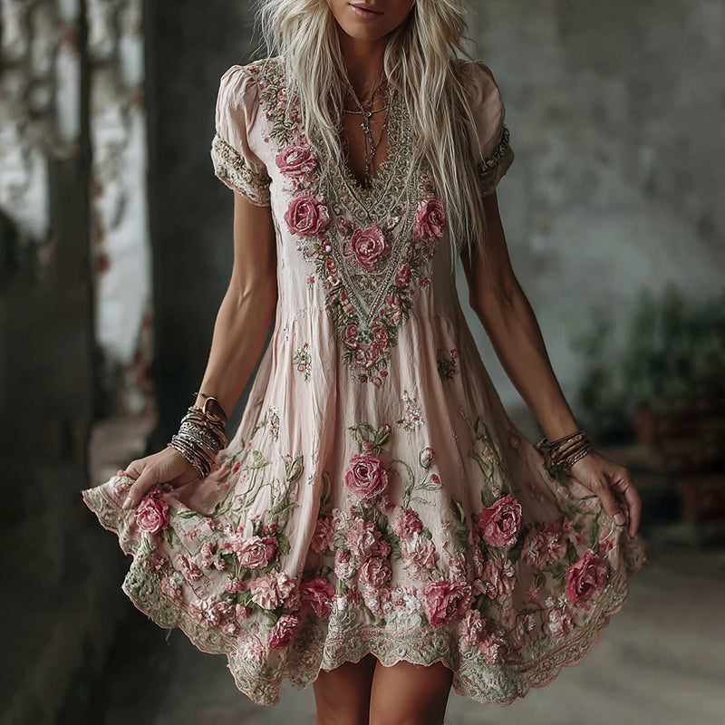 Women's Vintage Floral Embroidery Art V Neck Short Sleeve Midi Dress