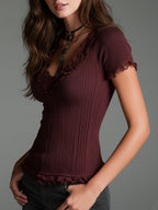 Vintage Faded Knitted Short-sleeved T-shirt With Lace Trim