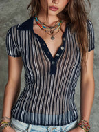 Bohemian Sheer Stripe Henley Knit Top