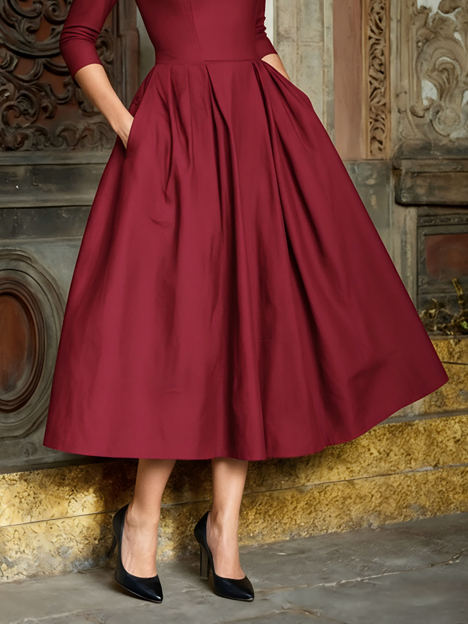 Midi Cotton Dress, Half Sleeve, Shawl Collar, Plain, Pocket Design, Vintage, Crimson
