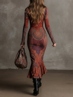 Bohemian Half-zip Ethnic Printed Knitted Fishtail Hem Midi Dress