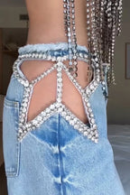 Light Wash Rhinestone Cutout Waist Wide Leg Denim Jeans