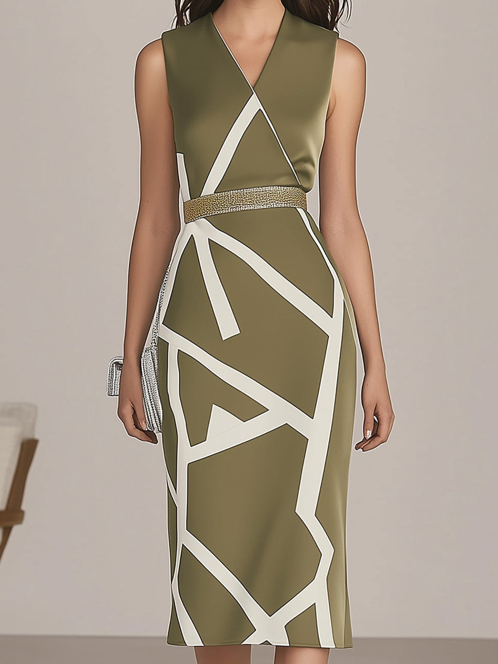 Olive Green Satin Dress With White Geometric Print And Gold Belt