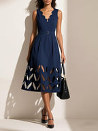 Black Hollow Out Classic V Neck Sleeveless A-Line Midi Dress With Pockets
