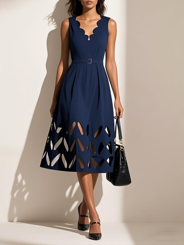 Black Hollow Out Classic V Neck Sleeveless A-Line Midi Dress With Pockets