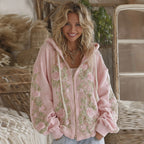 Women's Vintage Pink Rose Embroidery Cozy Warm Zipper Hoodie