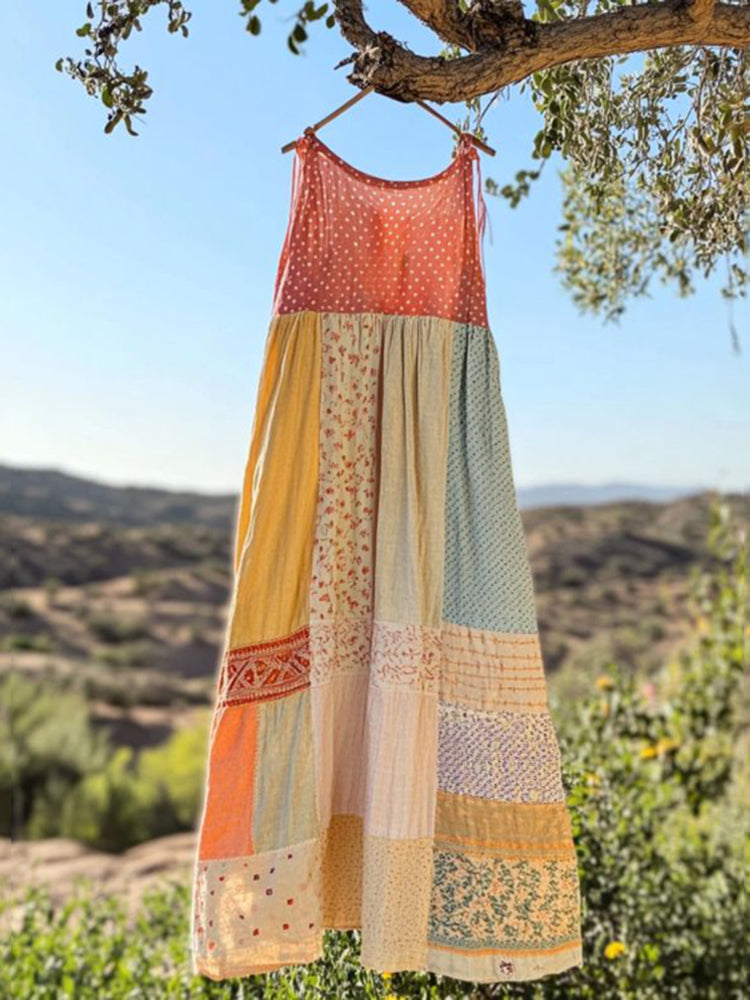 Vintage Floral Patchwork Art Linen Tank Dress cd12
