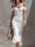 Retro Cold-shoulder Cotton Line Midi Dress