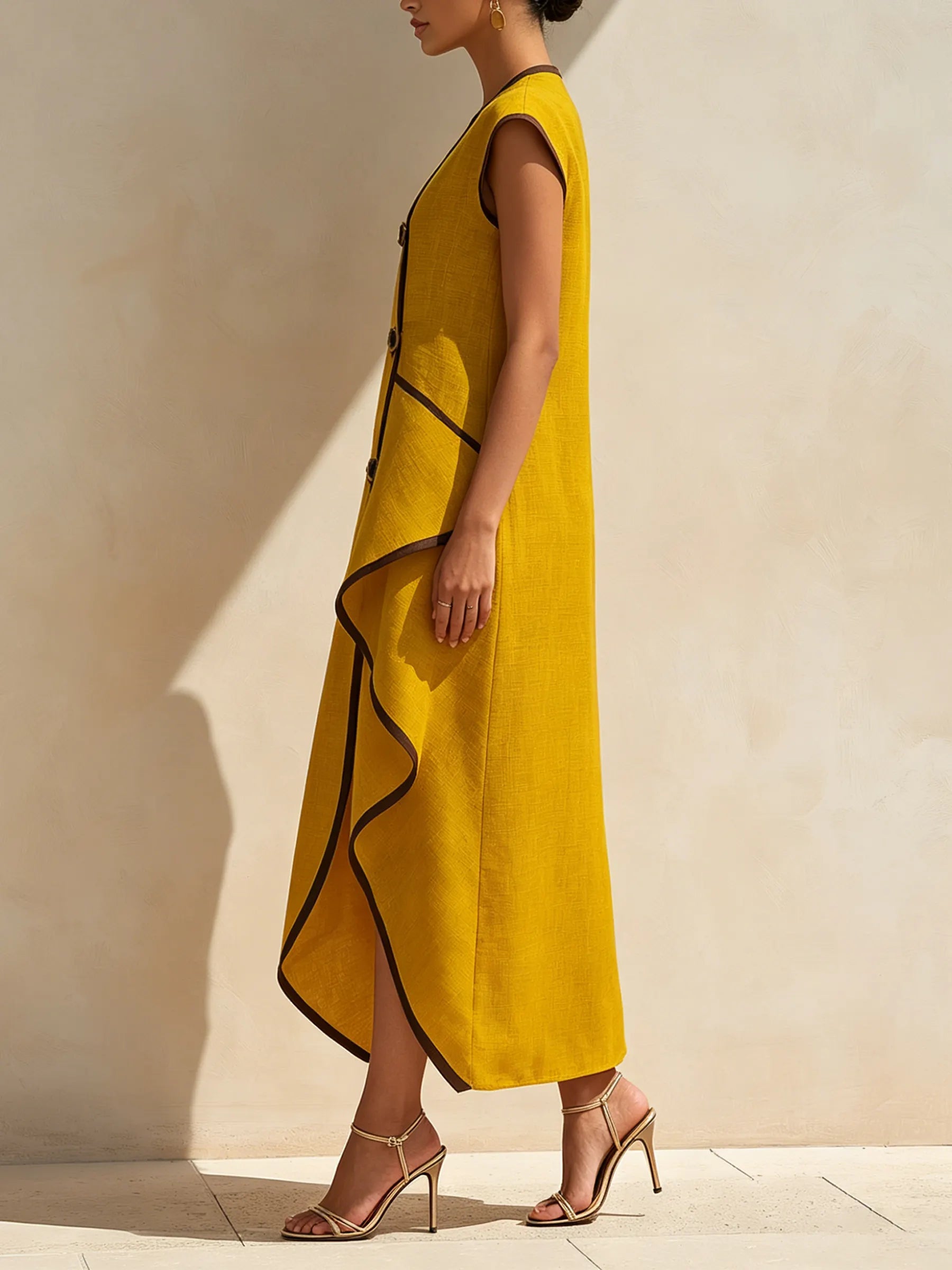 Asymmetrical Linen-Blend Midi Dress With Contrast Trim And Statement Buttons