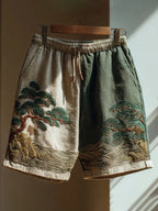 Japanese Pine Tree & Sea Waves Embroidered Art Linen Blend Casual Shorts