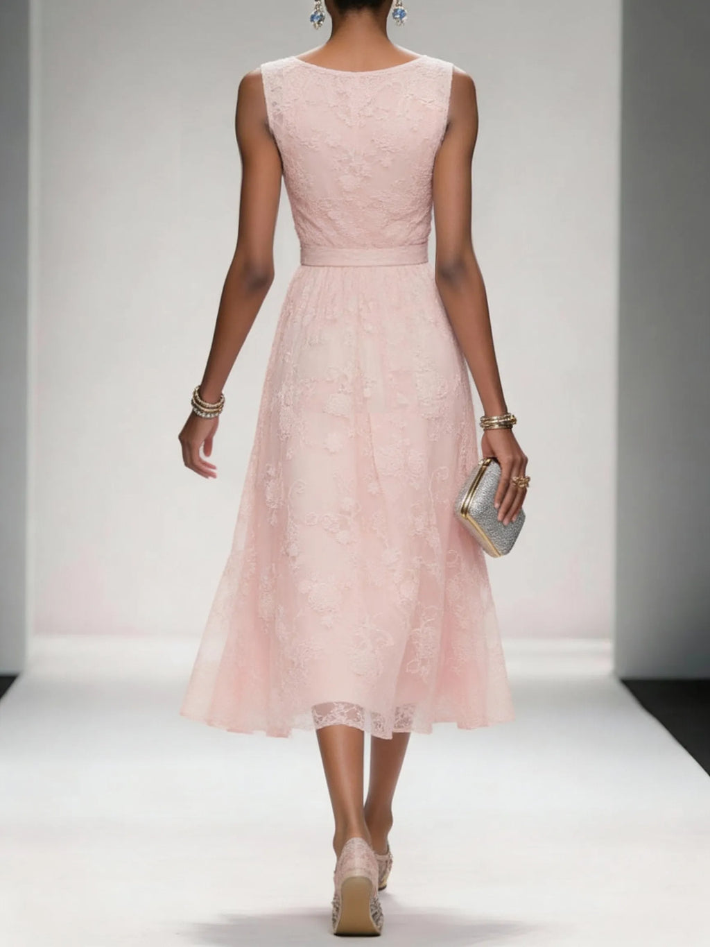 Light Pink Bow Embroidery Classic V Neck Sleeveless A-Line Midi Dress With Pockets