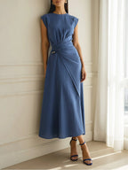 Midi Linen Dress, Cap Sleeves, Round Neck, Plain, French Vintage, Deep Blue