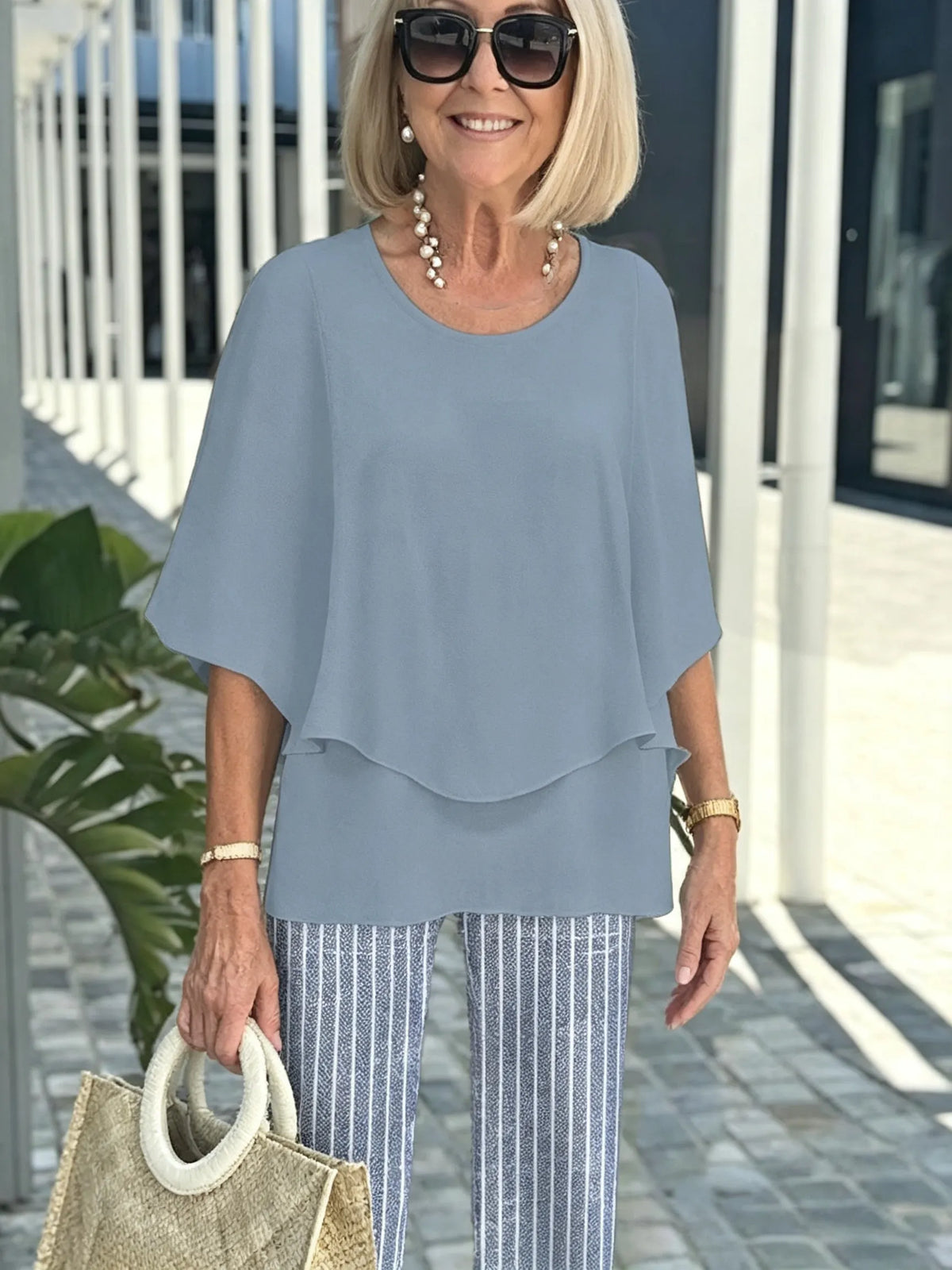Women's 2 Piece Outfits Set, Crew Neck Flutter Sleeve Layered Blouse & Leaf Print Straight Leg Pants, Casual Loose Matching Two Piece Set for Summer Daily Wear