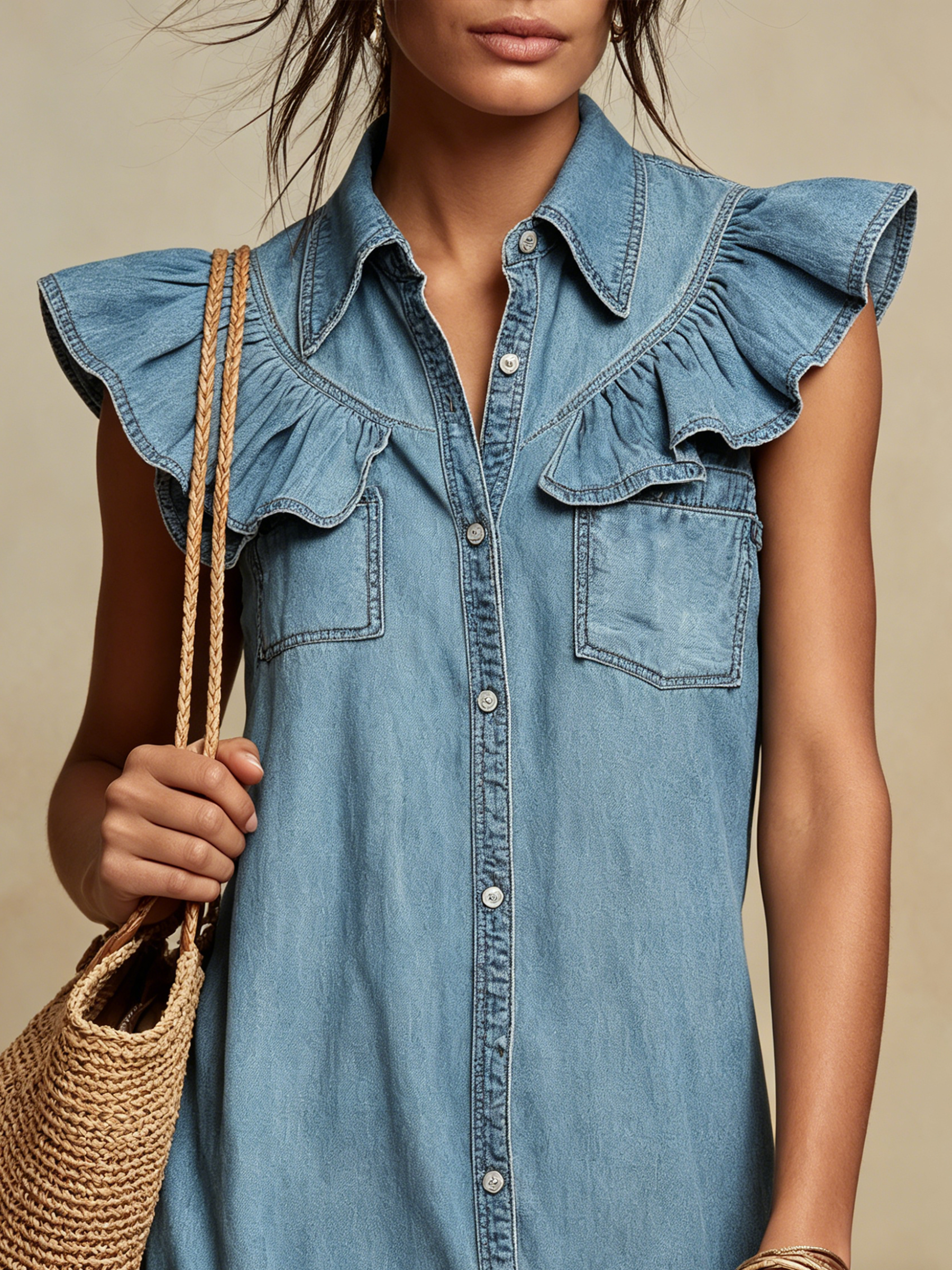 Light Wash Denim Ruffle-Sleeve Button-Down Maxi Dress