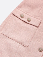 Pink Buckle Pocket Stitching Tweed Spaghetti Sleeveless Sheath Midi Dress