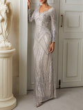 Champagne Sequin V Neck Long Sleeve Mermaid Gown Dress