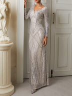 Champagne Sequin V Neck Long Sleeve Mermaid Gown Dress