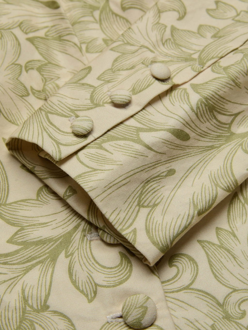 Midi Cotton Skirt Set, Long Sleeves, V Neck, Leaf, Plants, Button Design, Vintage, Light Khaki