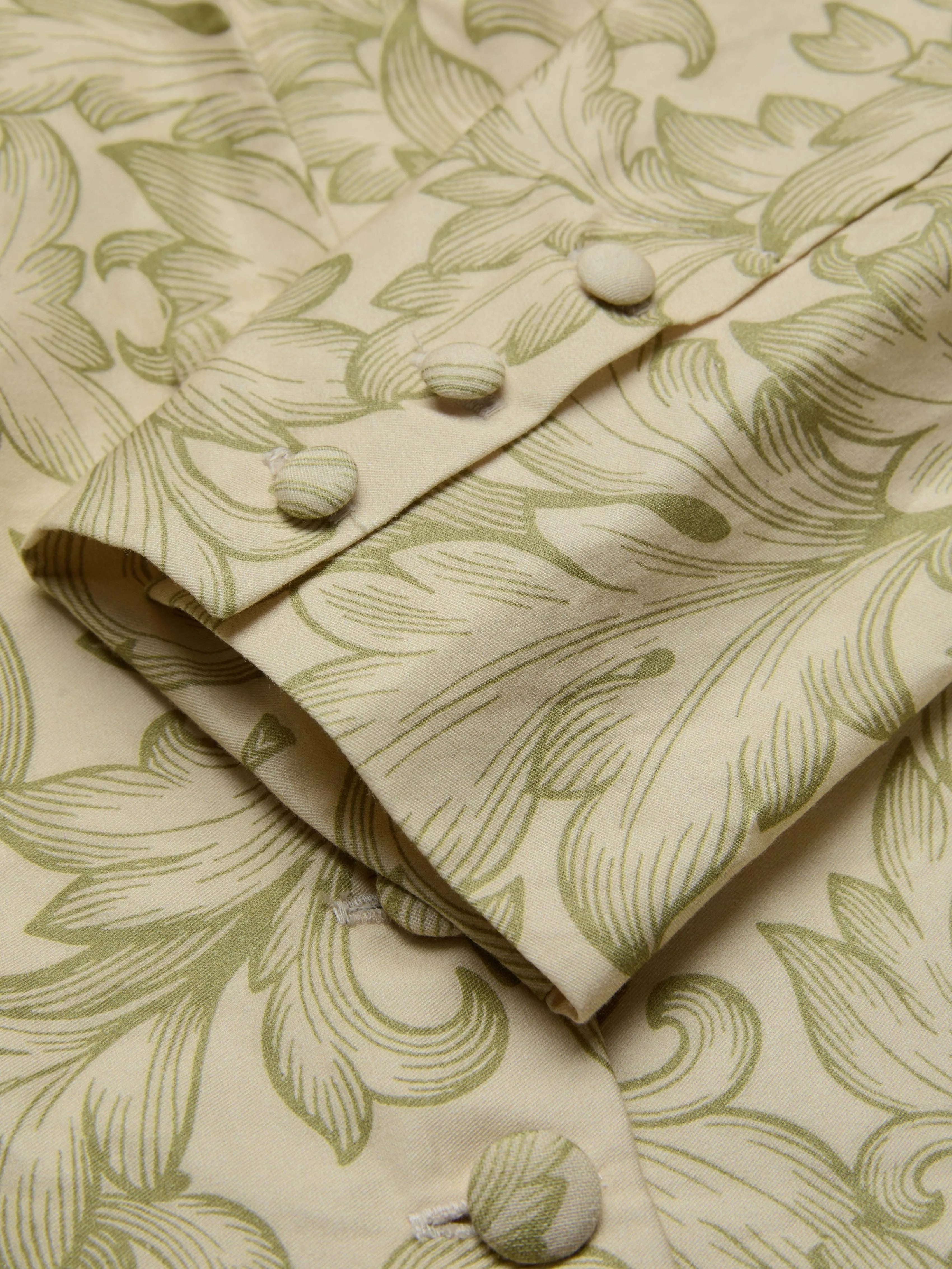 Midi Cotton Skirt Set, Long Sleeves, V Neck, Leaf, Plants, Button Design, Vintage, Light Khaki
