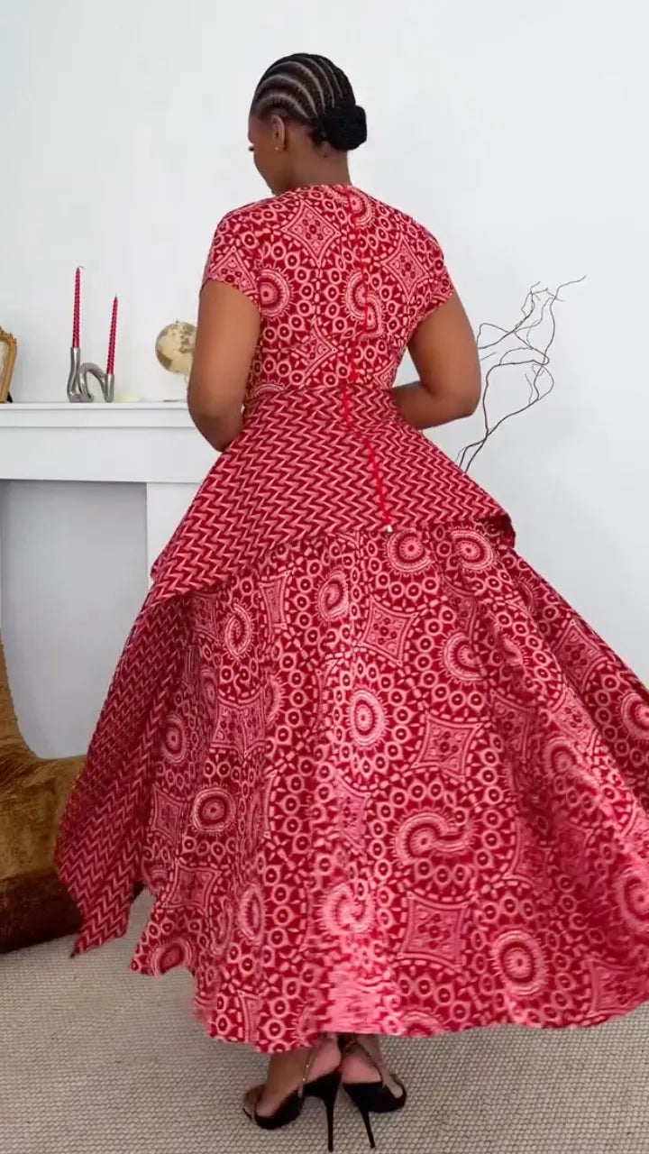 Red Ethnic Pattern Short Sleeve Layered Midi Dresss