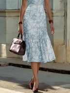 Midi Linen Dress, Short Sleeves, Sweetheart Neck, Floral, Ruffles, Vintage, Blue