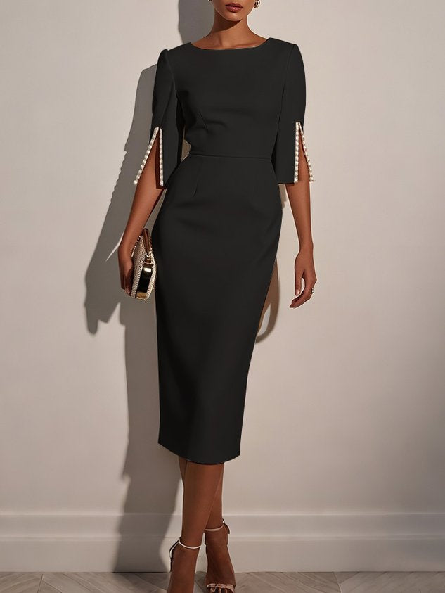 Purplish blue Faux Pearl Classic Crew Neck Half Sleeve Sheath Midi Dress