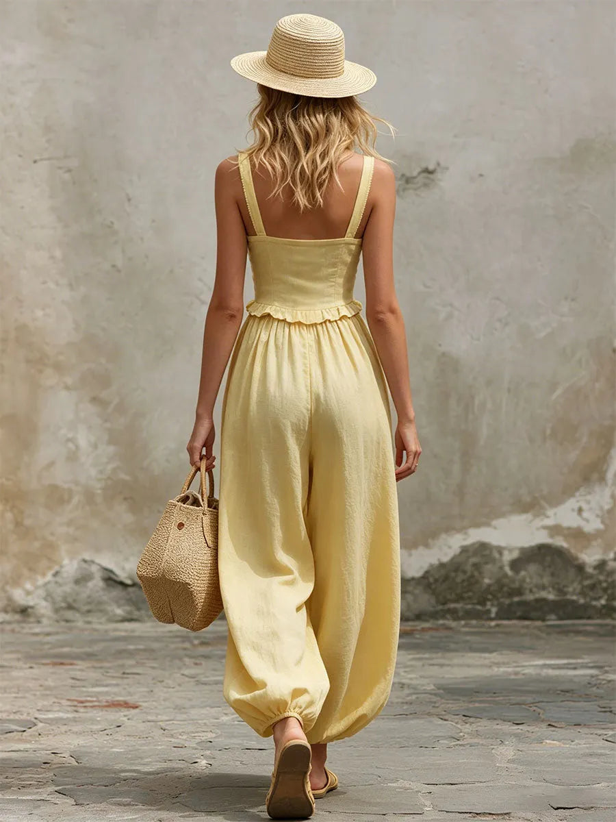 Casual Retro Yellow Sleeveless Ruffled Cotton-linen Top And Wide-leg Pants Set