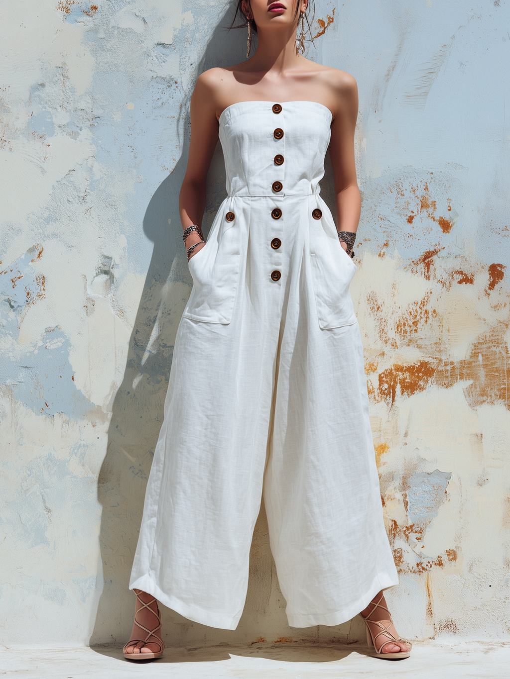 Strapless Linen Wide-Leg Jumpsuit With Button Detail & Pockets