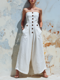 Strapless Linen Wide-Leg Jumpsuit With Button Detail & Pockets