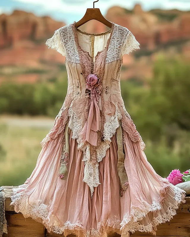 Summer Vintage Floral Lace Patchwork Orange  Dress 9144