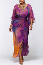 Xpluswear Design Plus Size Cocktail Party Purple Tie Dye Round Neck Flare 3/4 Sleeve Ruched Chiffon Maxi Dresses