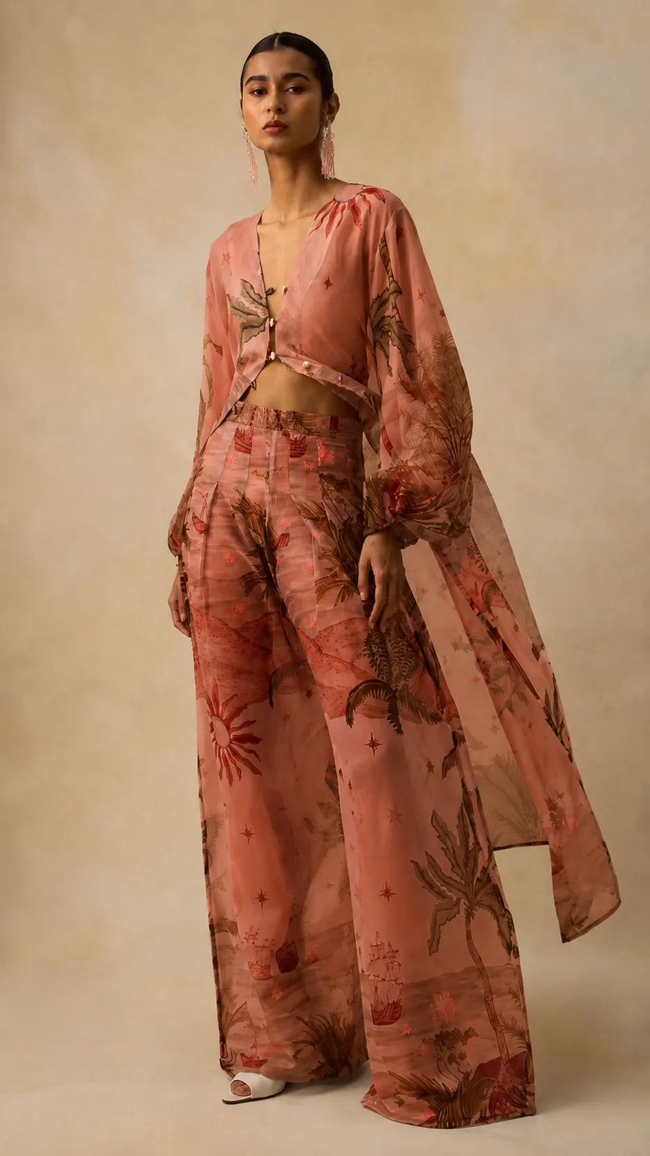Tropical Voyage Print Sheer Cropped Top & Wide-Leg Pant Two-Piece