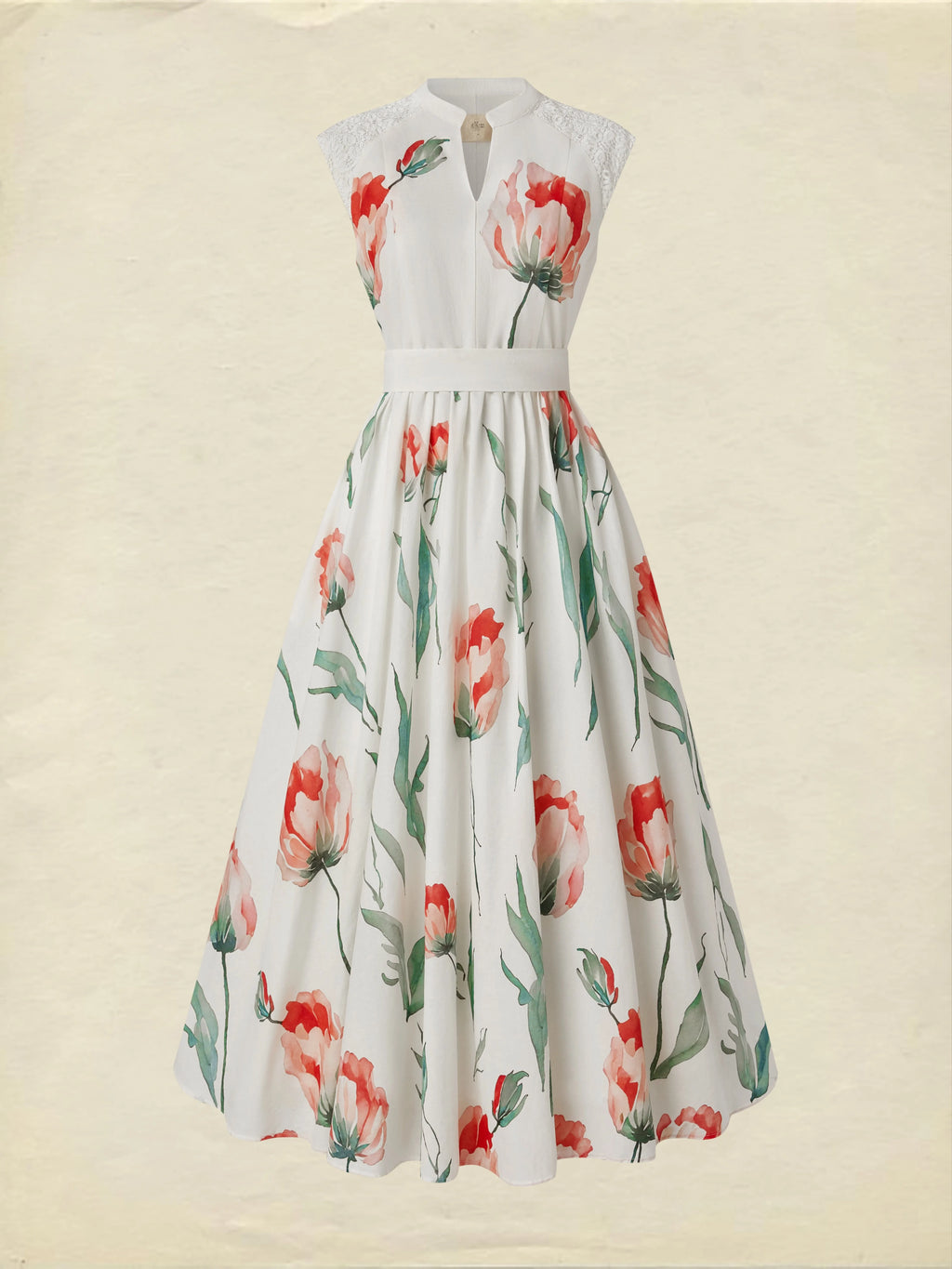 Maxi Linen Dress , Sleeveless, V Neck, Floral, Lace, Vacation, Vintage, Coral
