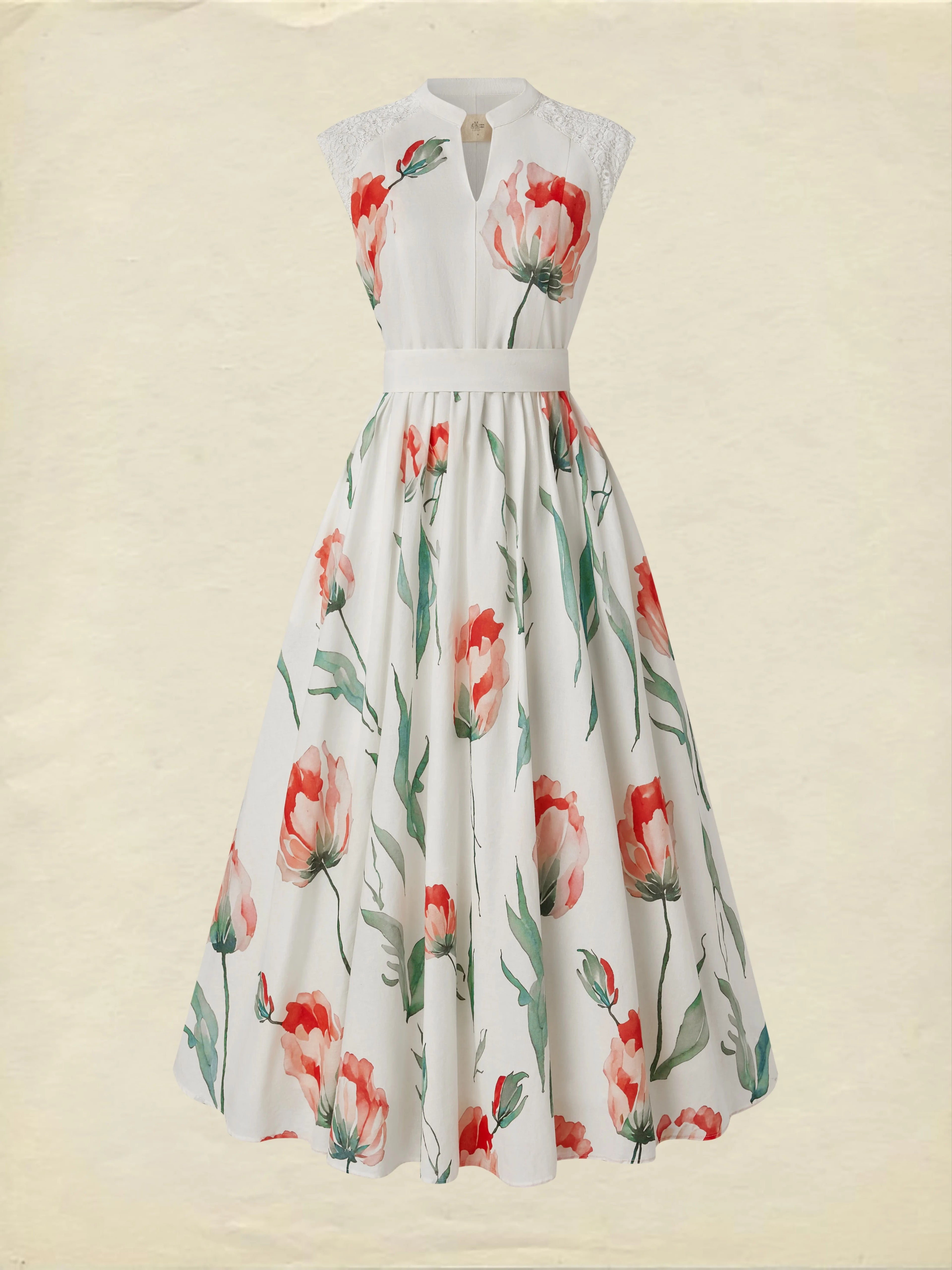 Maxi Linen Dress , Sleeveless, V Neck, Floral, Lace, Vacation, Vintage, Coral