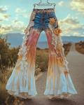 Summer ruffled denim cotton and linen patchwork contrast color pants 892b