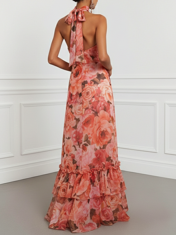 Orange Red Floral Bow Chiffon Halter Sleeveless A-Line Maxi Dress