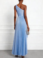 Blue Pleated Asymmetric Satin One Shoulder Sleeveless A-Line Maxi Dress