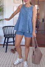 Women's Summer Round Neck Patchwork Casual Denim Suit