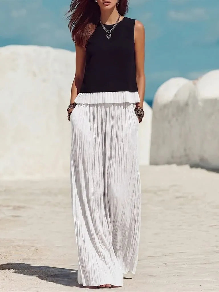Casual Two-piece Set: Spliced, Pleated Linen & Cotton Top And Pleated Trousers