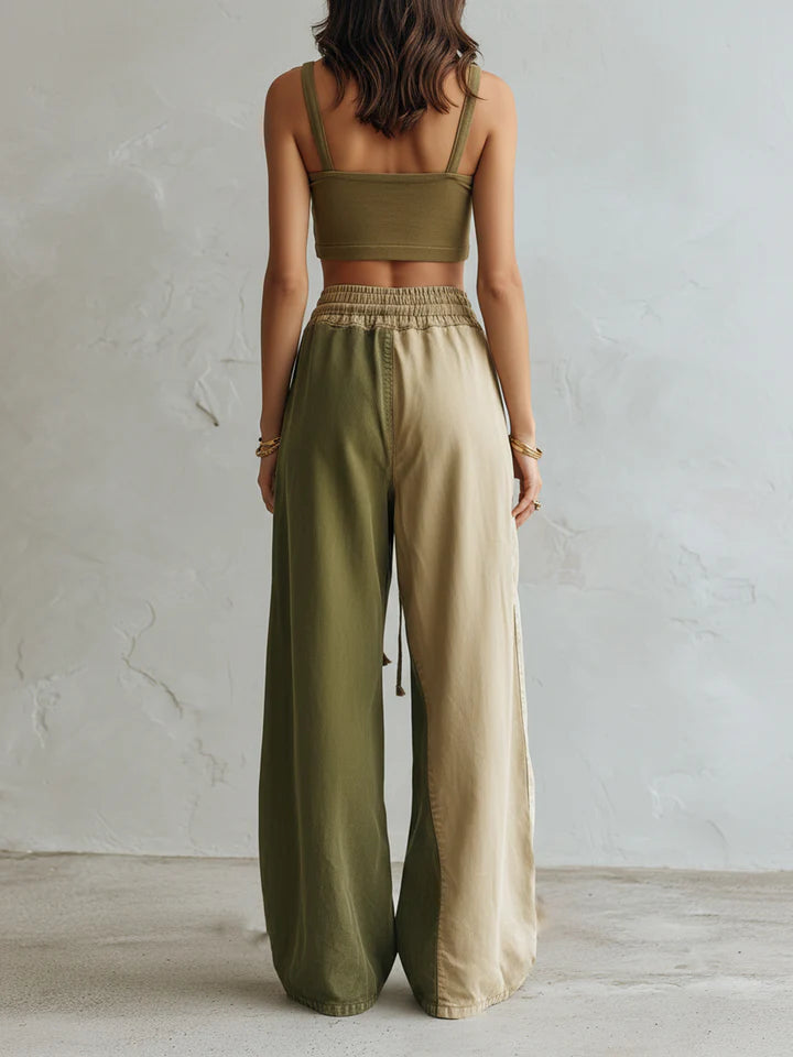 Vintage Color-Block Denim Wide-Leg Pants