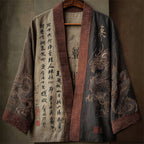 Japanese Dragons & Calligraphy Contrast Linen Kimono