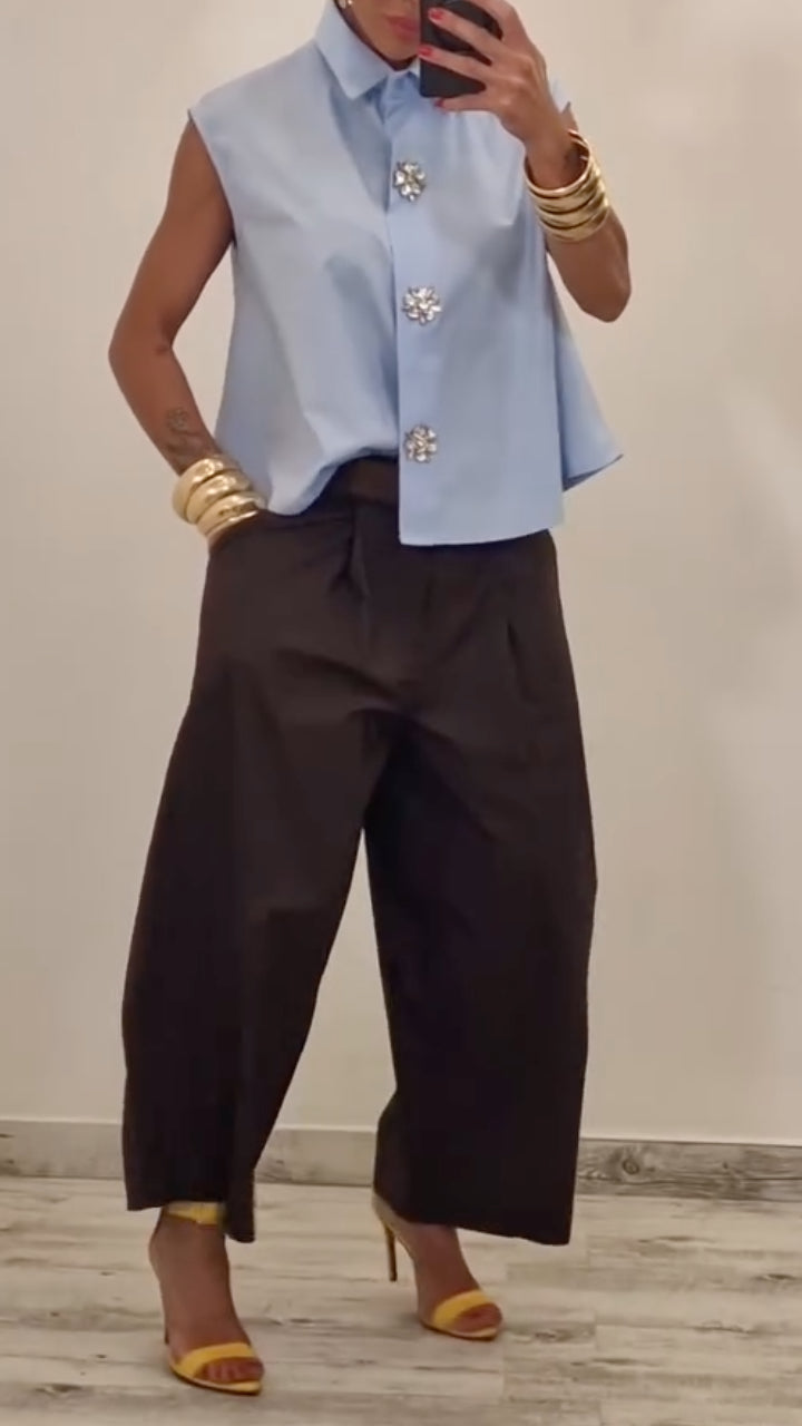 Crystal Button Sleeveless Shirt & Barrel Pant Matching Set