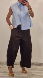 Crystal Button Sleeveless Shirt & Barrel Pant Matching Set