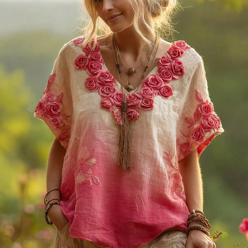 Cozy Pink Rose Gradient Art Short Sleeve Linen Blend T-shirt