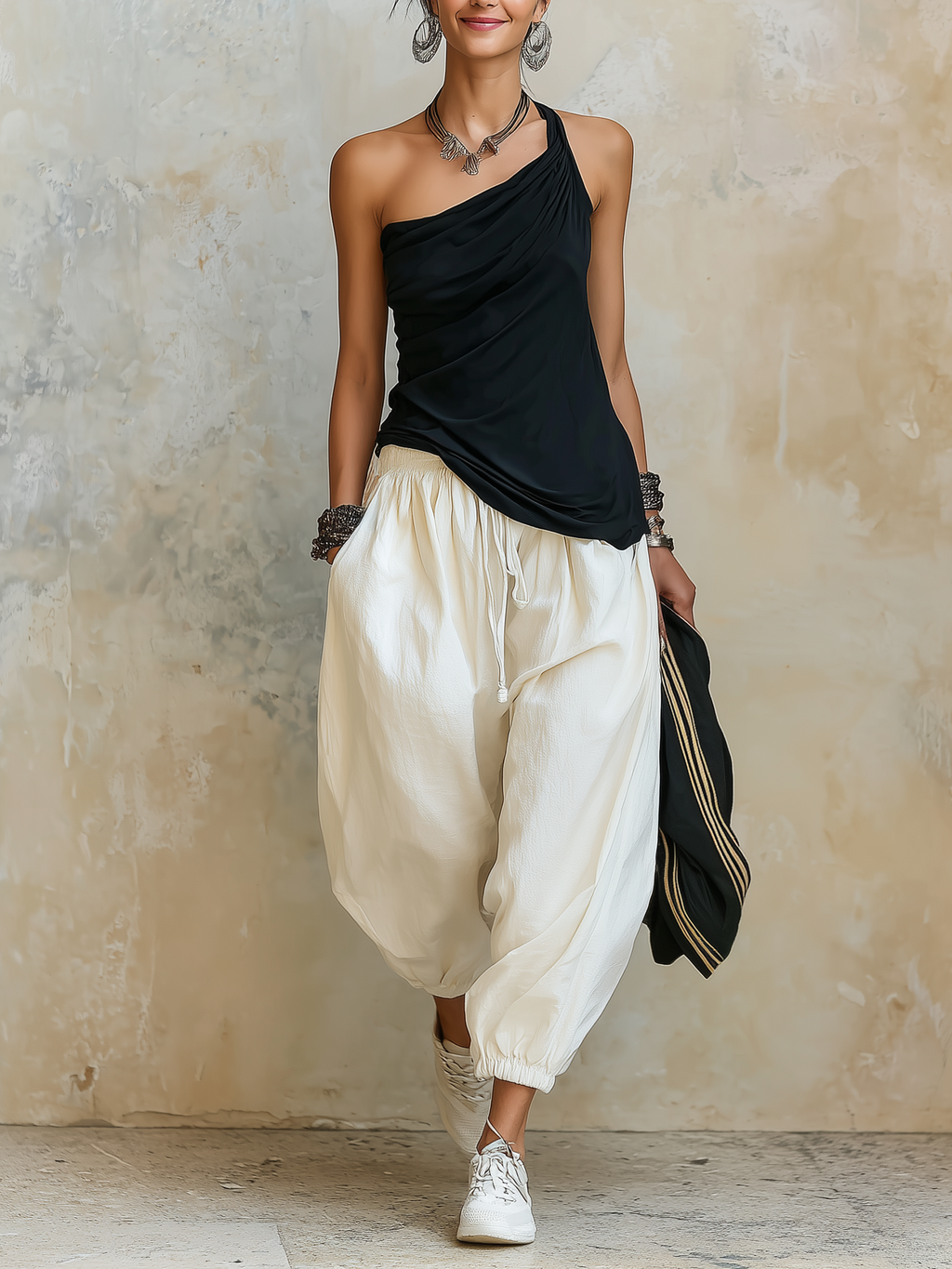 Asymmetrical Ruched One-Shoulder Top & Harem Pants Two-Piece Set