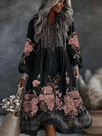 Women's Vintage Floral Art Flowy Linen Blend Casual Round Neck Long Sleeve Maxi Dress