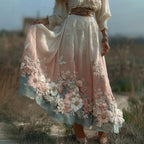 Women's Retro Floral Linen Blend Casual Midi Skirt