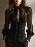 Retro Elegant Lace Stand-up Collar Tie Neck Chiffon Blouse