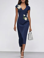 Purplish Blue Embroidery Applique Sheath Midi Dress