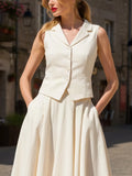 Linen Vest, Sleeveless, Shawl Collar, Plain, Button Design, Vacation, Vintage, White